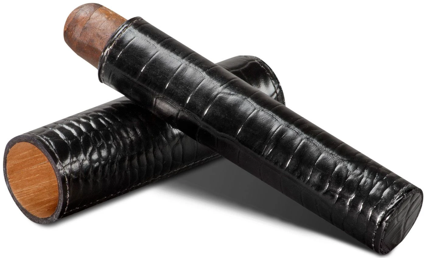 Brizard Croco Pattern Black Leather Single Cigar Tube - Made In USA 3 Brizard Croco Pattern Black Leather Single Cigar Tube - Made In USA