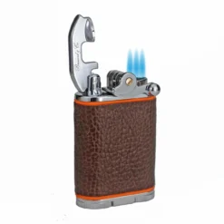 Brizard & Co. Gatsby Full Grain Brown And Orange Leather Triple Torch Flame Table Lighter -Visol Products shop brizard co gatsby brown leather and orange table lighter 30