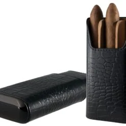 Brizard Croco Pattern Black Leather & Ebony Cigar Case - Made In USA