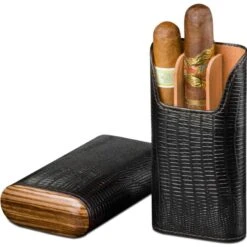 Brizard Lizard Pattern Black Leather & Zebrawood Cigar Case - Made In USA