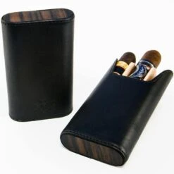 BrizardSunrise Black Leather And Ebony Flat Top Cigar Case - Made In USA