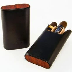 BrizardSunrise Black Leather And Padauk Flat Top Cigar Case - Made In USA