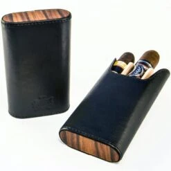 BrizardSunrise Black Leather And Rosewood Flat Top Cigar Case - Made In USA