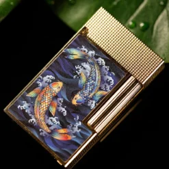 S.T. Dupont Line 2 Koi With Yellow Gold Flint Lighter -Visol Products shop s t dupont line 2 koi with yellow gold flint lighter 40