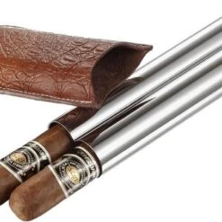 Visol Holster Stainless Steel And Brown Leather Dual Cigar Tube