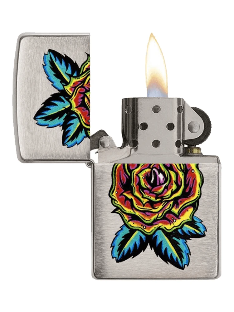 Zippo Flower Color Image On Brushed Chrome Lighter 3 Zippo Flower Color Image On Brushed Chrome Lighter